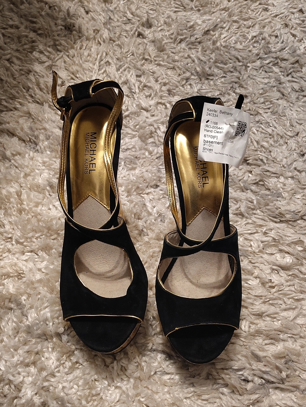 Michael Kors Black Suede Open-Toe Heels with Gold Trim